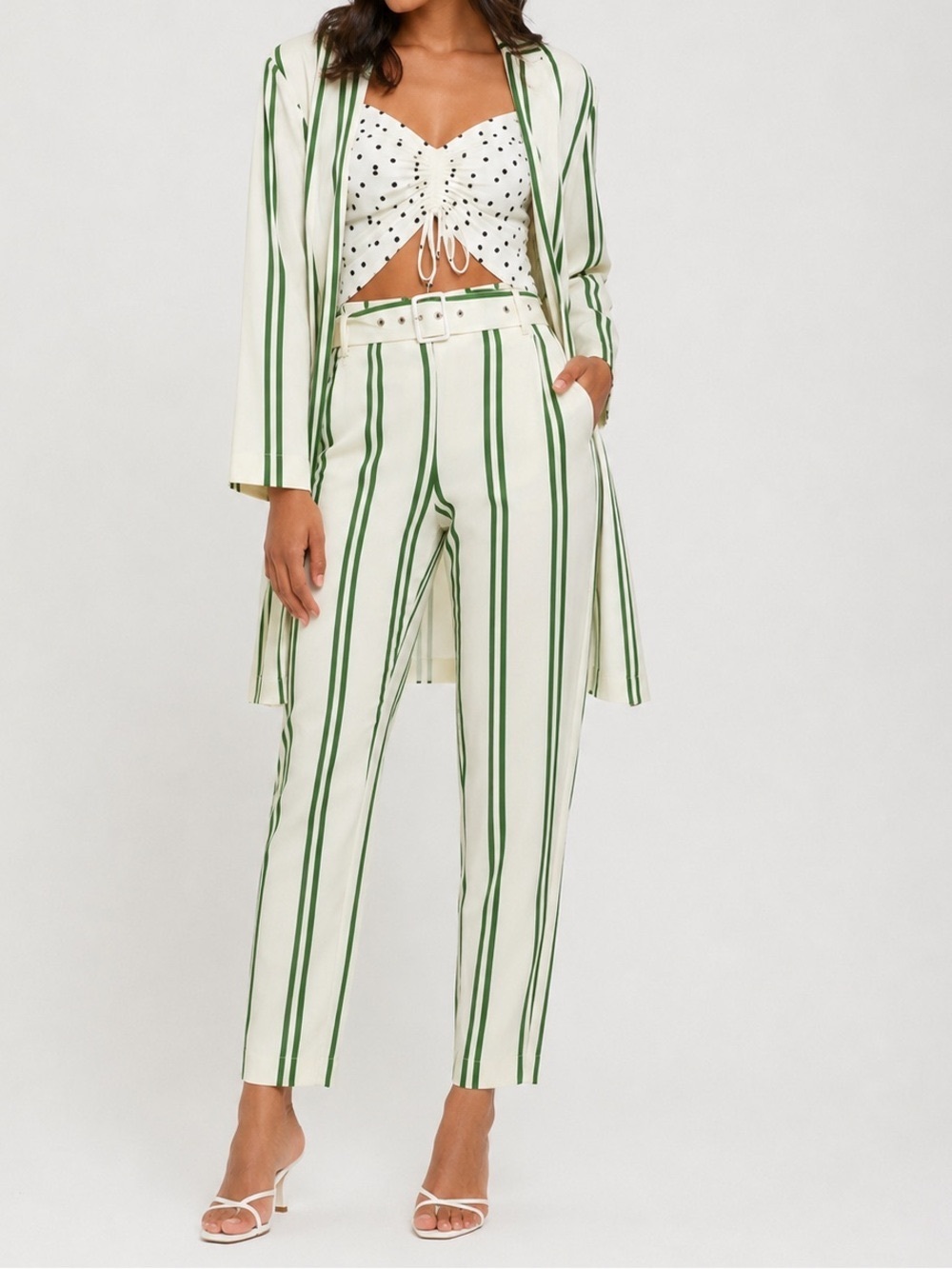 Topshop Cream & Green Vertical-Stripe Cropped Trousers